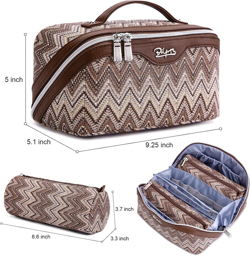 BOYATU Travel Makeup Bag for Women: Western Boho Make up Bag Set of 3 - Large Capacity Vegan Leather Cosmetic Bag - Waterproof Toiletry Bag with Compartments & Handle & Divider(J-2-Brown) - Image 2